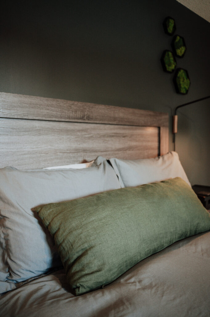 Close-up image of cozy grey bedding with a long dark green accent pillow. Wall art features moss framed in multiple black hexagons.